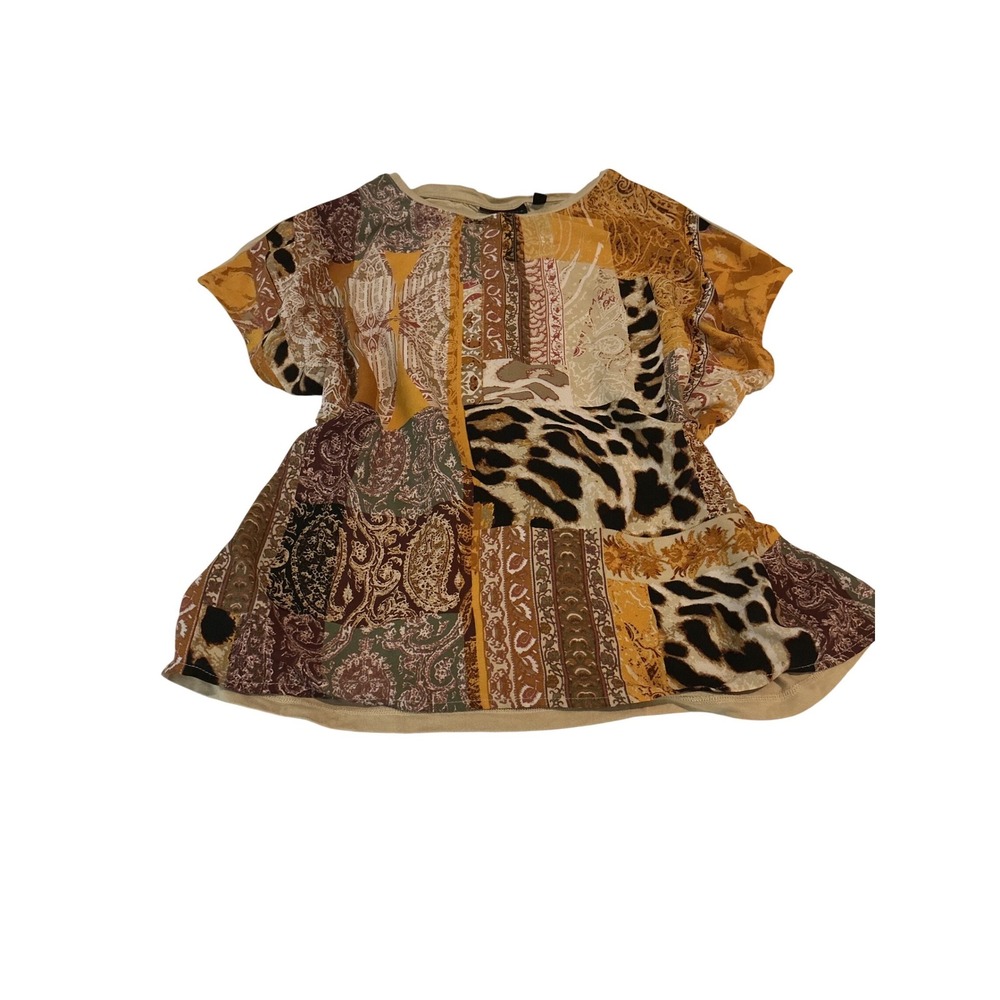 Rafaella‎ Patchwork Blouse Womens Small Tan Leopard Paisley Mixed Print